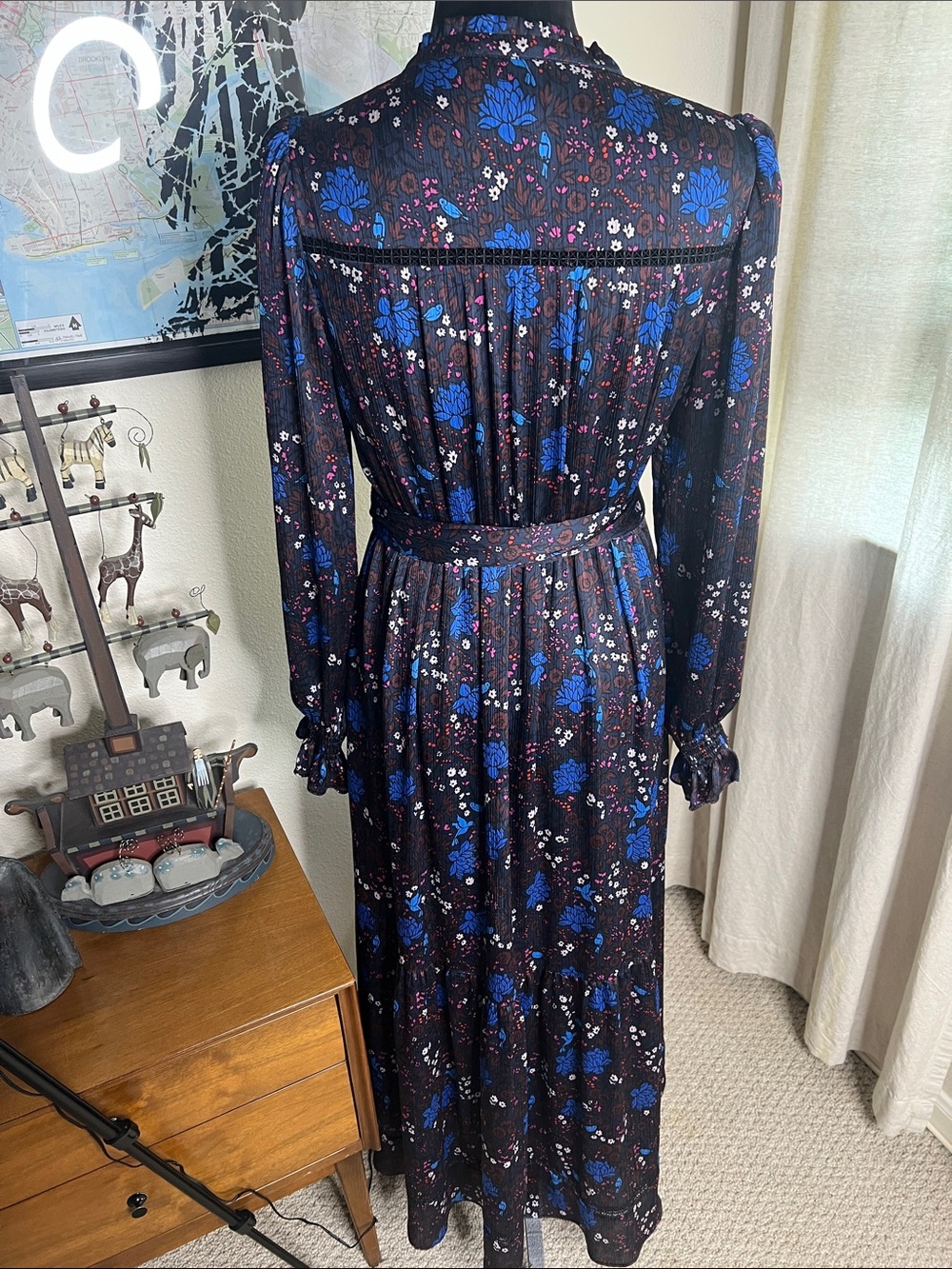 ME+EM floral Print blue hummingbird Ruched Sleeve belted Maxi Dress Size 6 - Picture 6 of 7